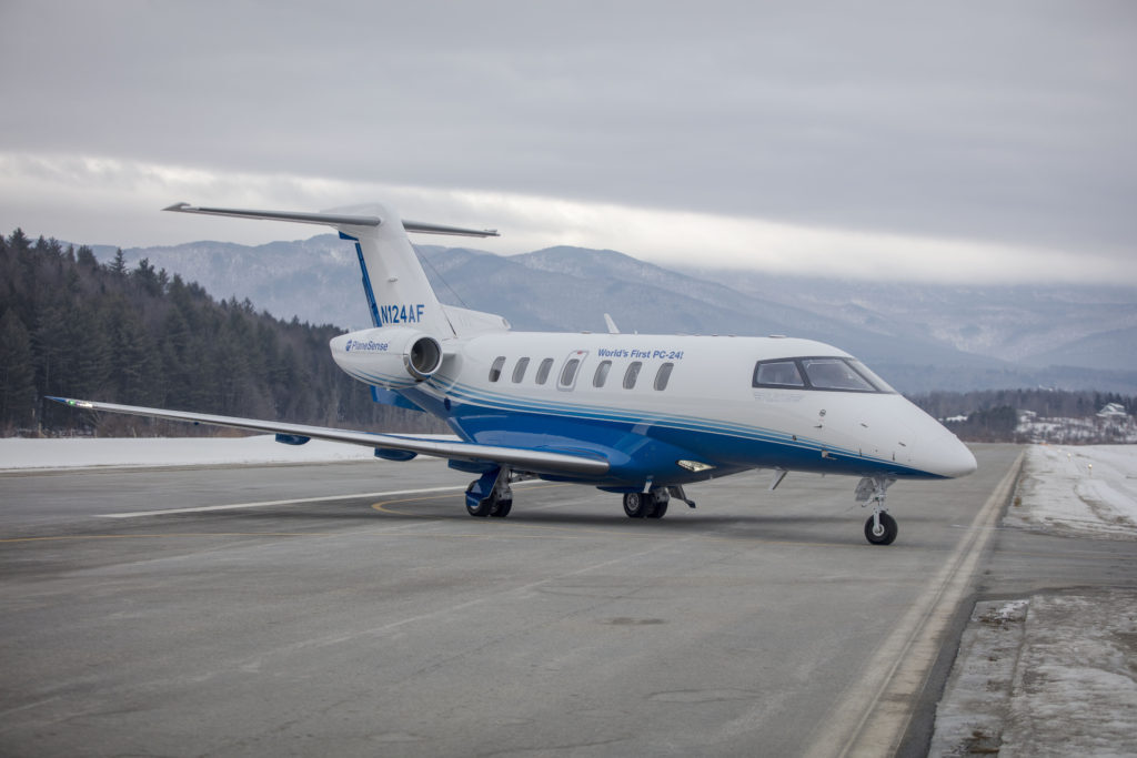 PlaneSense PC-24 on a runway in Stowe, VT. 